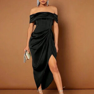 Black Preppy Womens Off Shoulder Ruched Draped Asymmetrical Hem Dress
